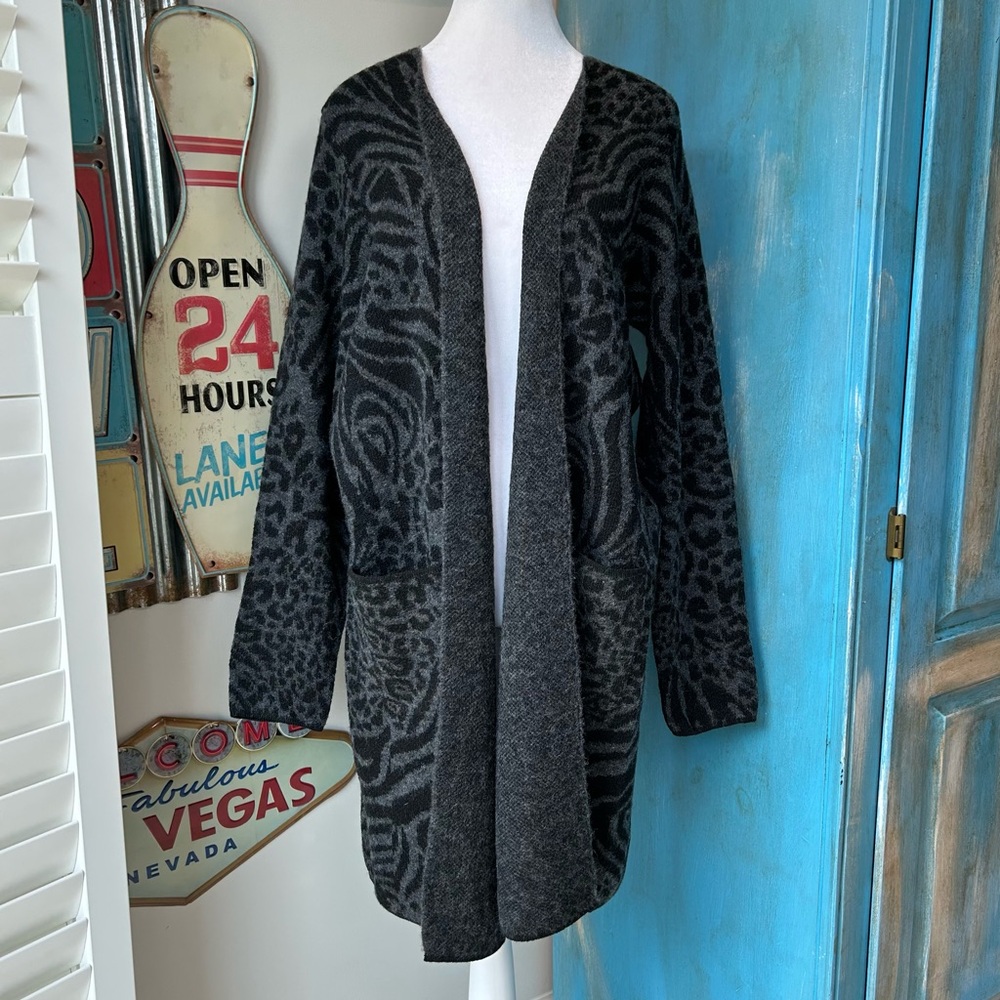Fortune + Ivy Animal Print Long Line Open Cardigan Luxe Loungewear Cozy